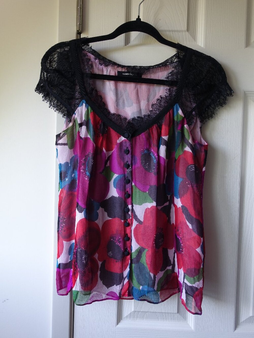 Nanette Lepore Black Lace Multicolor Floral Silk Blend Blouse